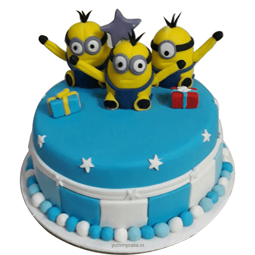 Cake by Jackie - Handmade and edible Minions figurines on a small (20cm)  vanilla cake with minion face on side. I couldnt help smiling while making  these fellows, so cute and funny! |
